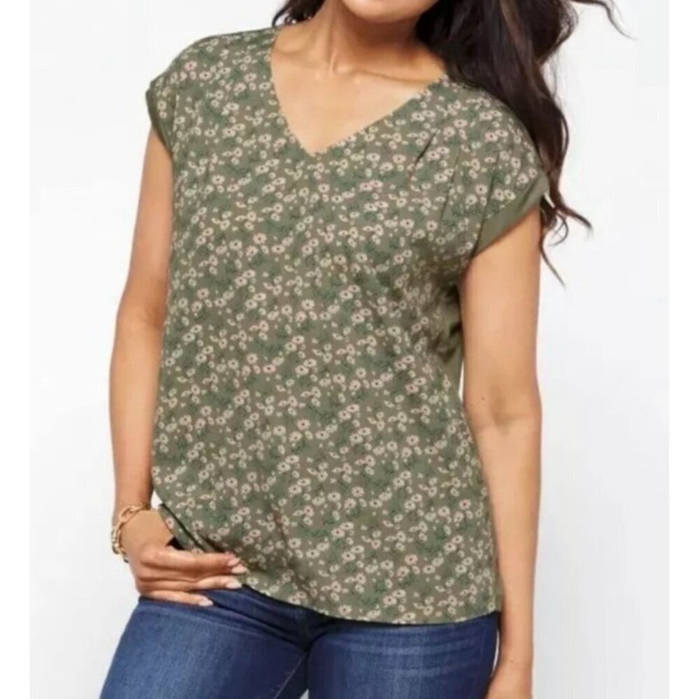 Papermoon Mixed Material Floral Blouse~Size Medium~Green Sleeveless Top L15 36